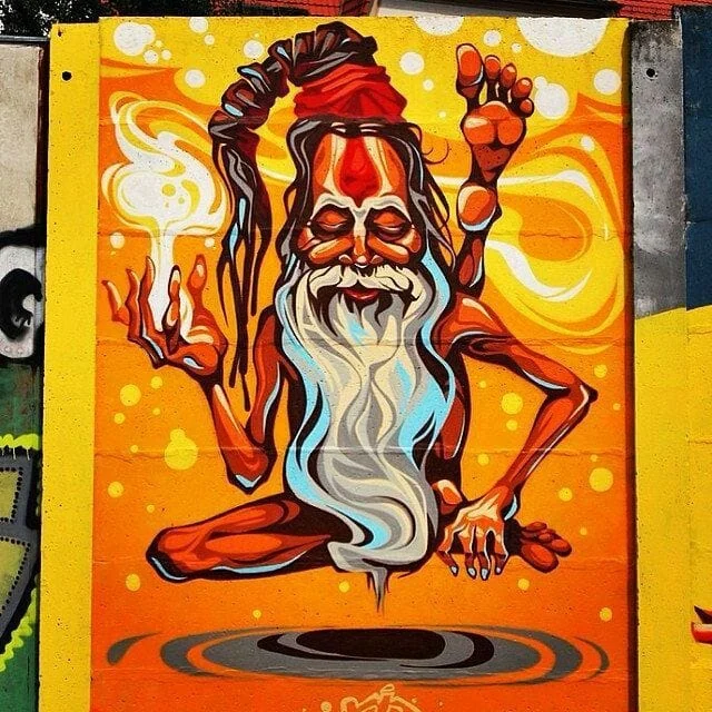 Meditating sadhu yogi monochrome realistic street art wall mural Patna