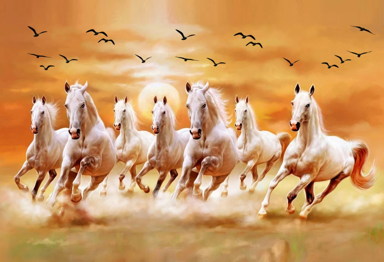 7 Running White Horses Vastu Shastra canvas painting for living room prosperity Patna