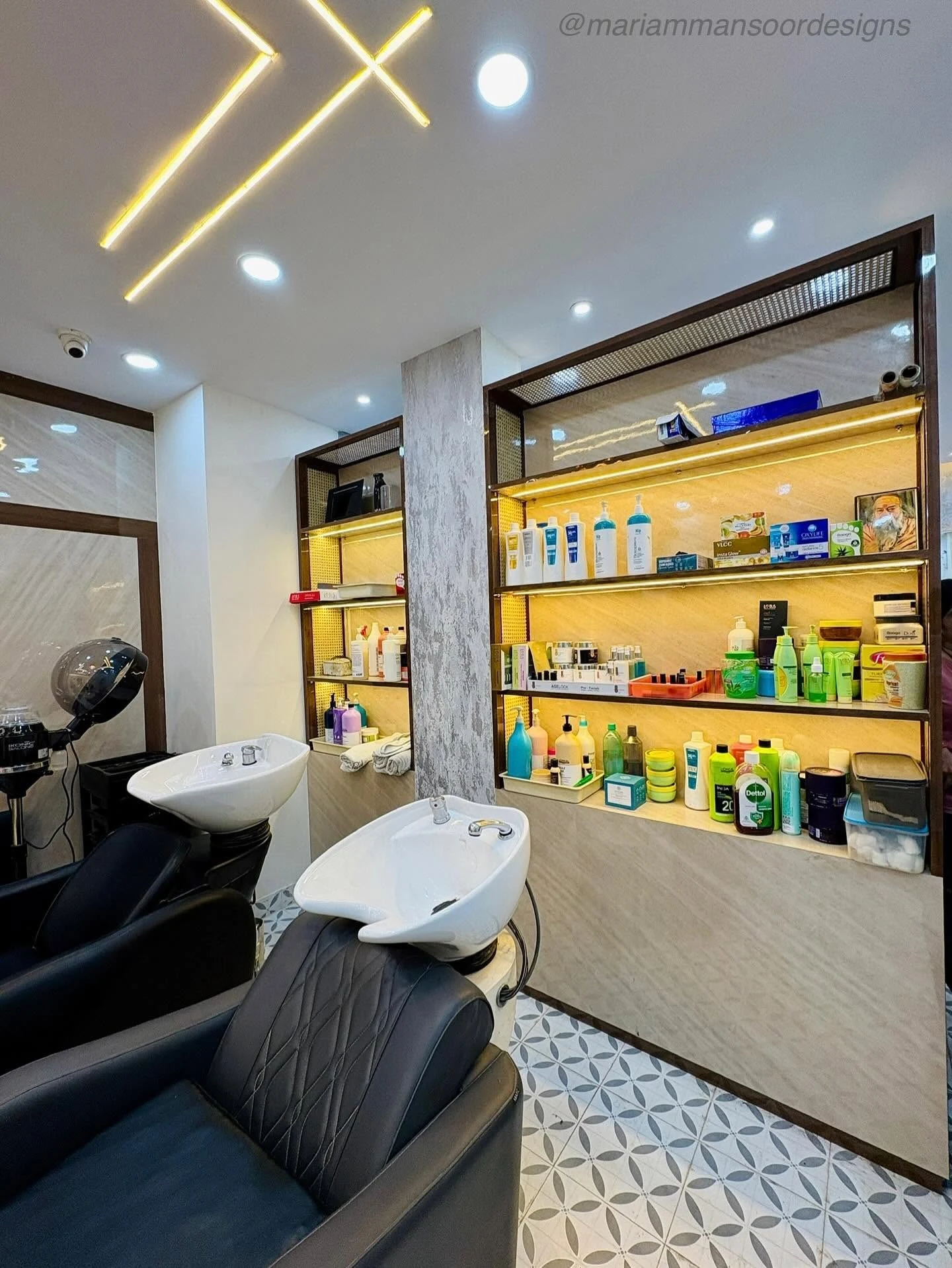 Commercial salon hair wash station with custom fluted storage and display shelving Patna