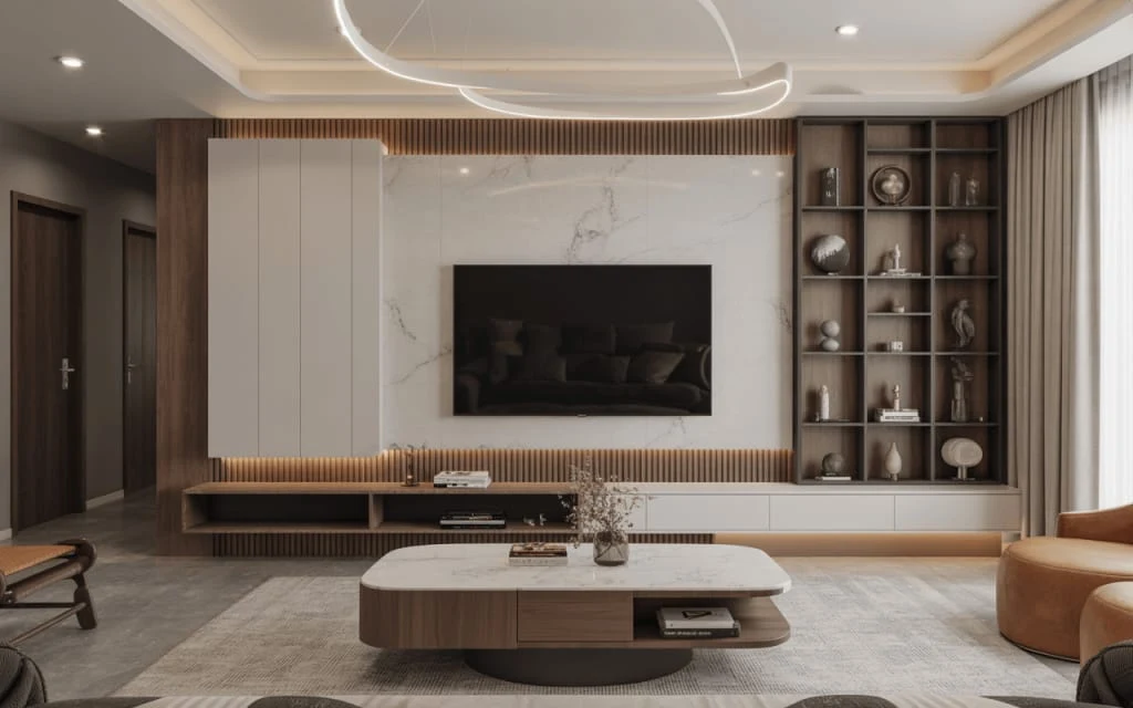 Ultra-modern fluted wooden TV console and ambient luxury living lounge Patna