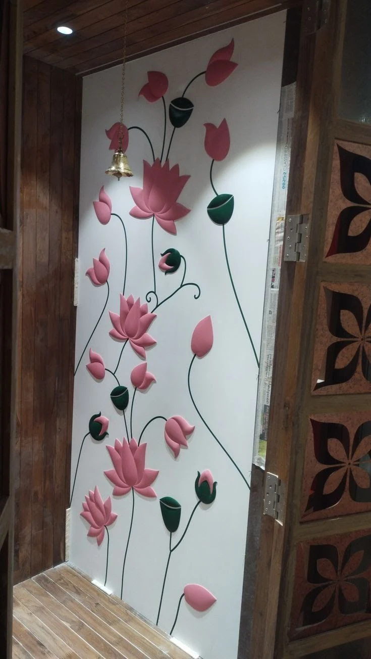 Sacred lotus temple 3D relief wall art with hanging brass bells Patna