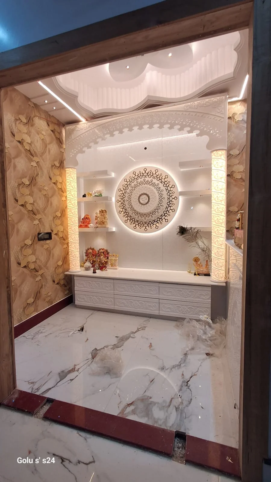 Luxury backlit marble mandir and pooja room interior with CNC jali by Avika Interior Patna